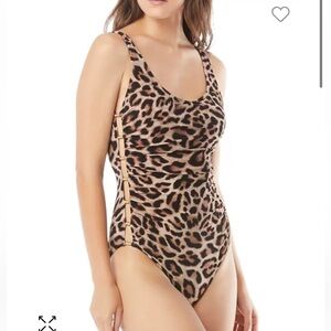 Carmen Marc Valvo Beaded Peek-A-Boo One Piece Swimsuit 12 leopard safari